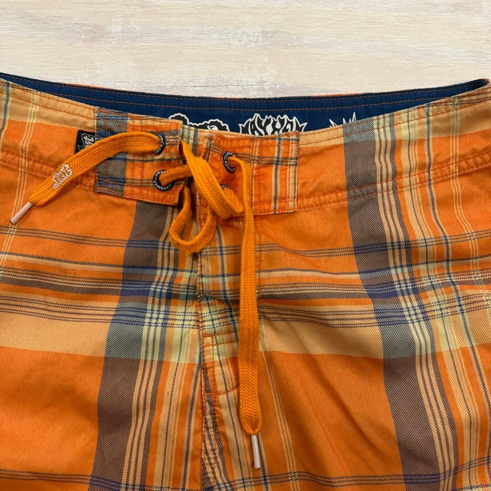 Lost Board Shorts Mayhem Plaid Cargo Pocket Orange 32 Mens Swim Trunks